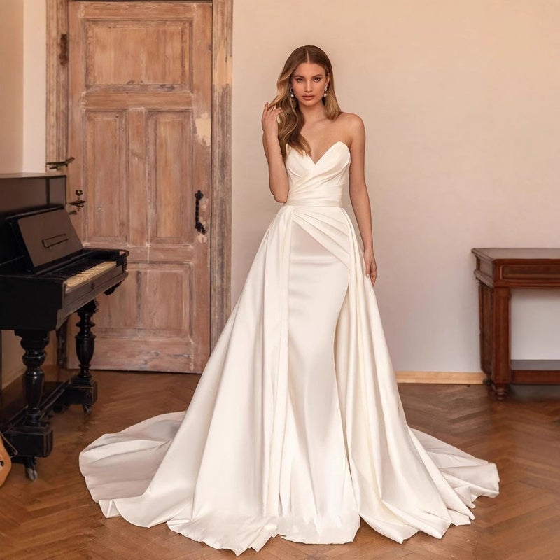 New Two-Wear Hip Satin Tube Dress Detachable Tail Wedding Dress Elegant Temperament Queen Banquet Dress - Image 1